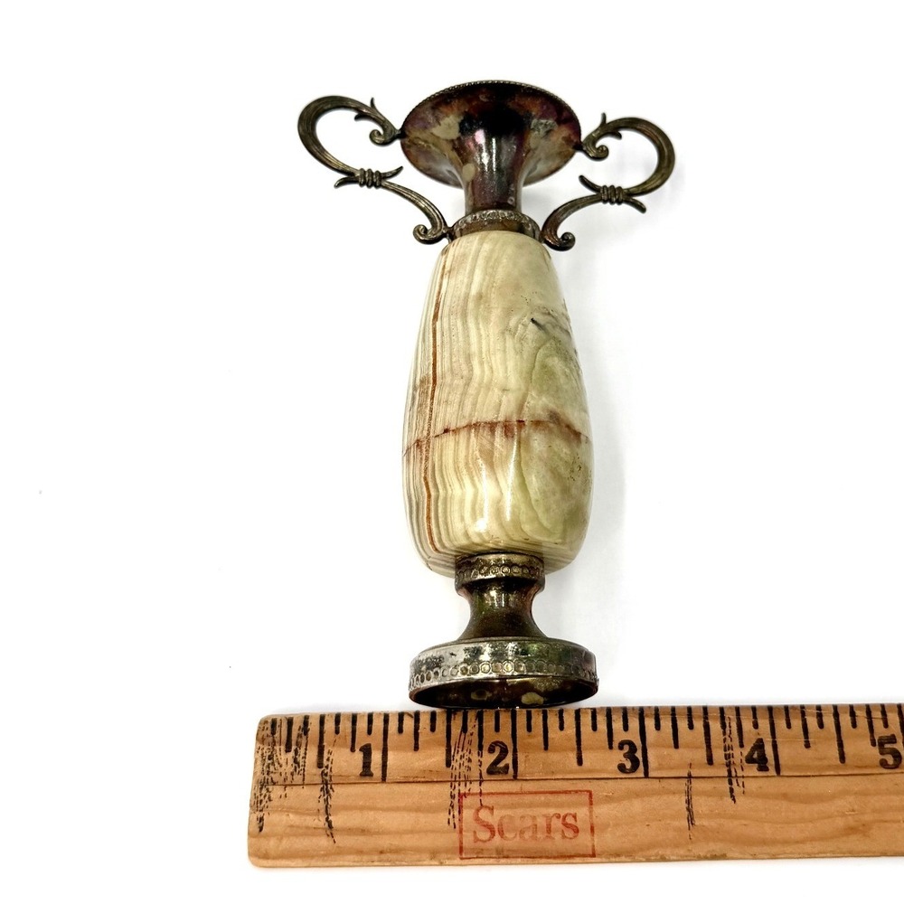 Vintage Onyx and Silver Tone Metal Small Urn Vase Dual Scroll Handles 5.5 Inch - Picture 5 of 6